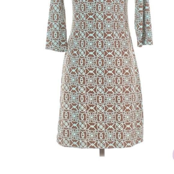 Barbara Gerwit XS Brown Turquoise Geometric 3/4 Sleeve Collared Stretch Dress - Picture 3 of 7